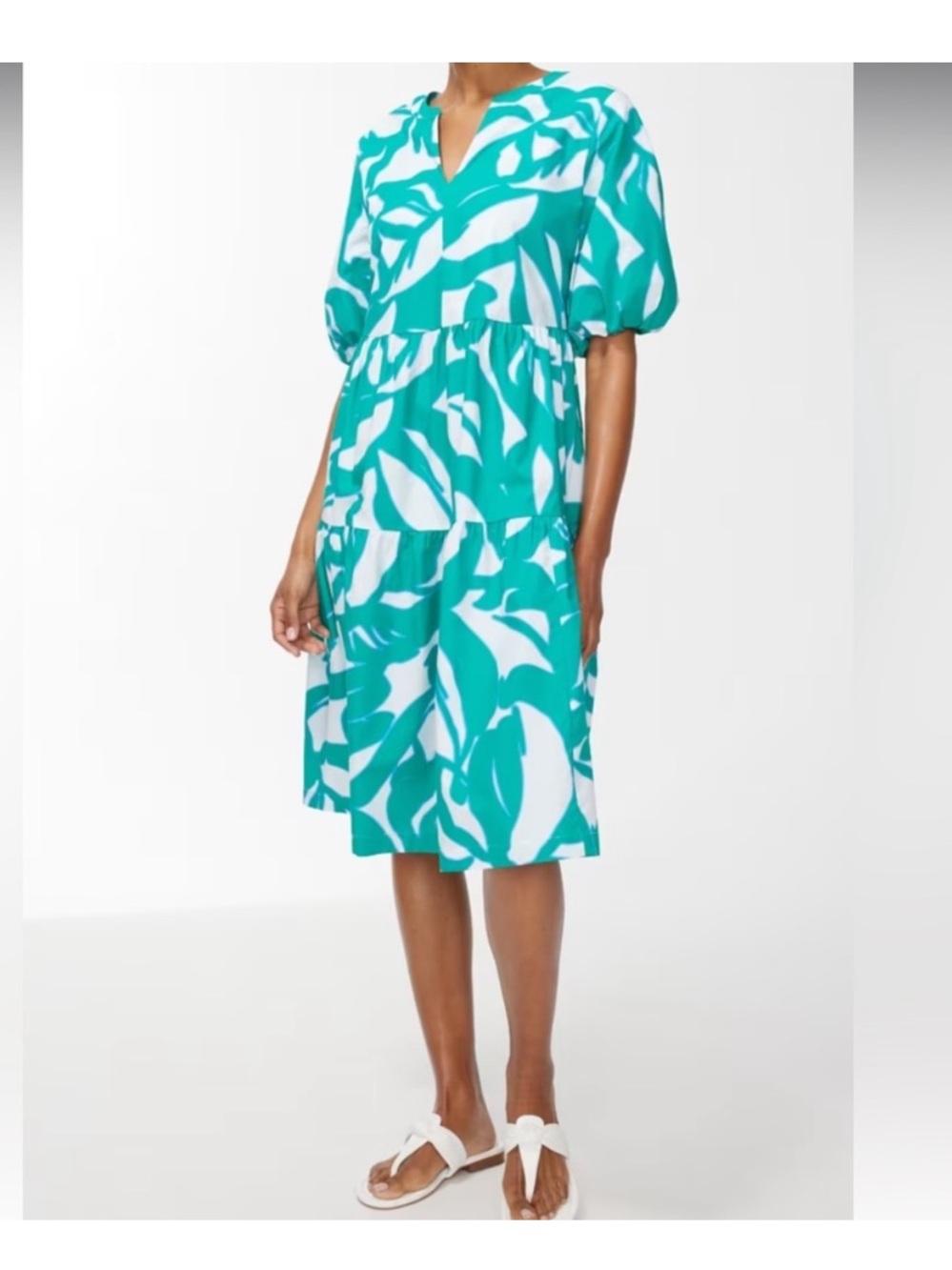 Chicos‎ Green Leaf Print Pima Cotton Poplin  Tiered Dress
